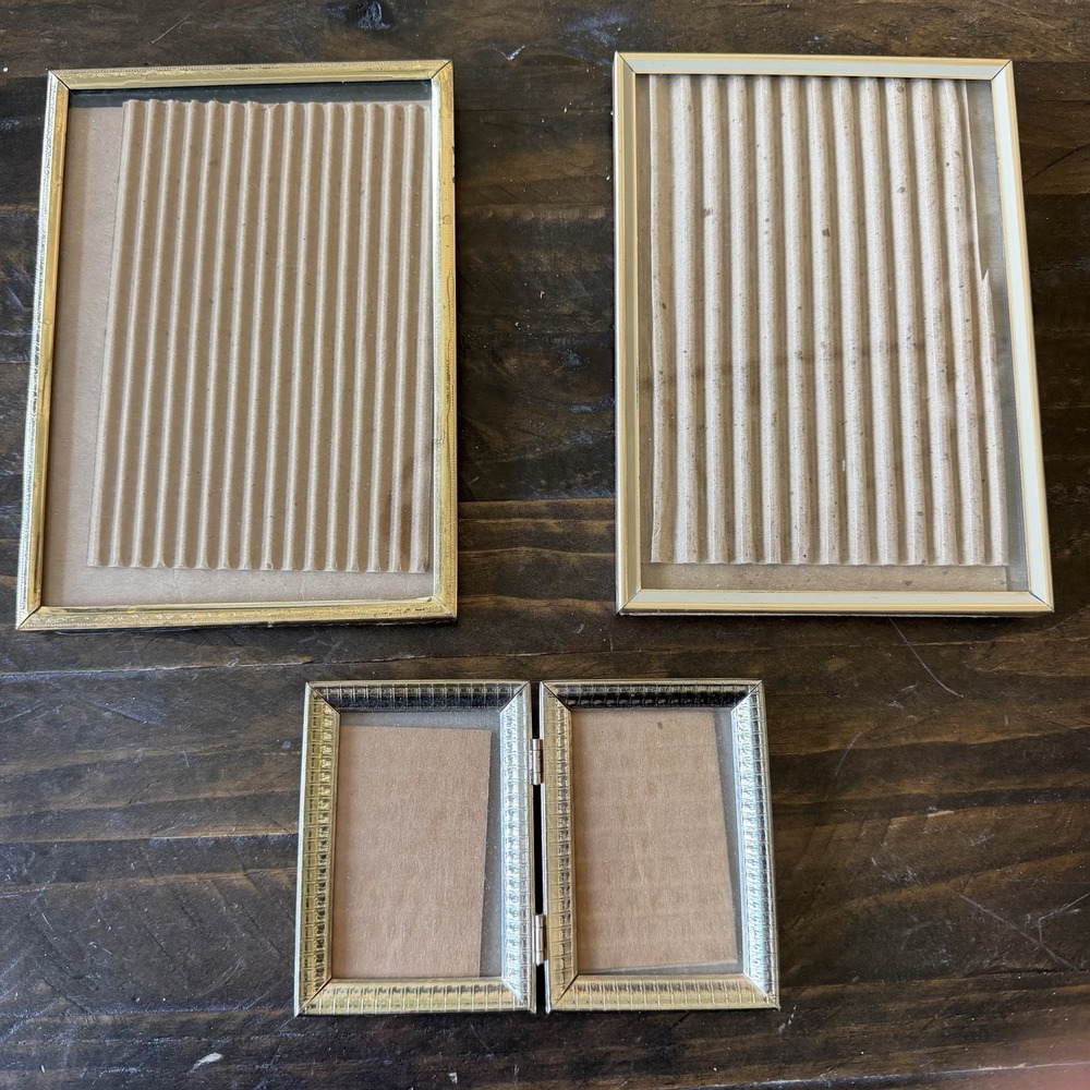 VTG MCM Brass Gold Metal Photo Frame Lot Bifold 3 Frames 5x7, 2x3